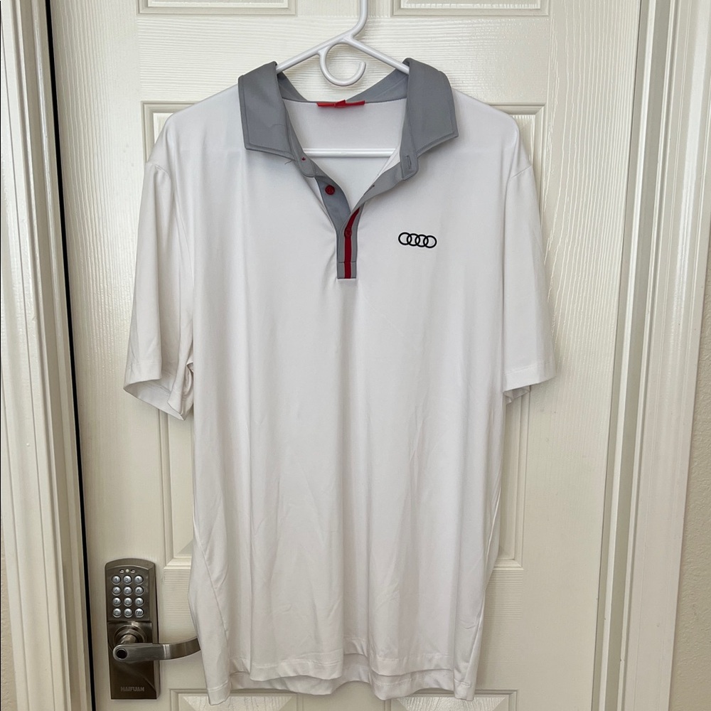Audi Men's White and Gray Polo Shirt